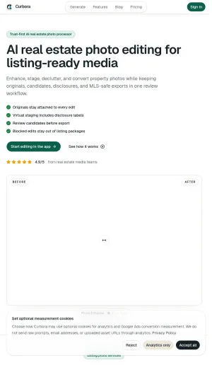Curbora AI Real Estate Photo Editing Platform screenshot