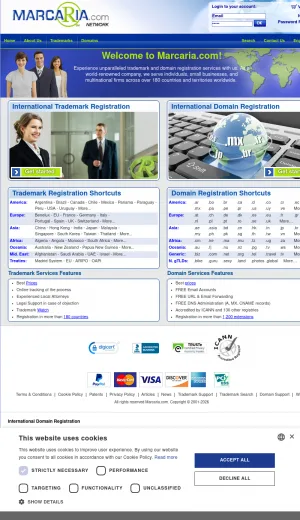 Marcaria International Domain and Trademark Registration screenshot