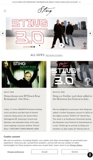 Sting Official Website and Fan Club screenshot